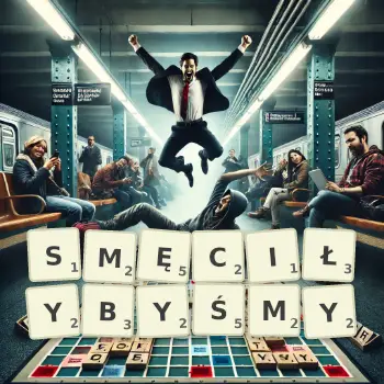 Kreatywna ilustracja do gry w Scrabble ze słowem SMĘCIŁYBYŚMY ułożonym z płytek na planszy.