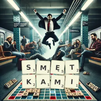 Kreatywna ilustracja do gry w Scrabble ze słowem SMĘTKAMI ułożonym z płytek na planszy.