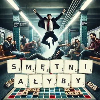 Kreatywna ilustracja do gry w Scrabble ze słowem SMĘTNIAŁYBY ułożonym z płytek na planszy.