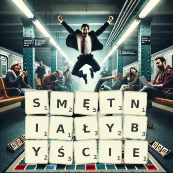Kreatywna ilustracja do gry w Scrabble ze słowem SMĘTNIAŁYBYŚCIE ułożonym z płytek na planszy.