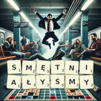 Kreatywna ilustracja do gry w Scrabble ze słowem SMĘTNIAŁYŚMY ułożonym z płytek na planszy.
