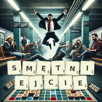 Kreatywna ilustracja do gry w Scrabble ze słowem SMĘTNIEJCIE ułożonym z płytek na planszy.