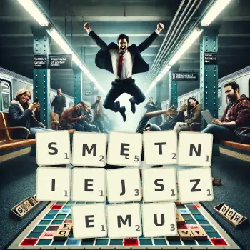Kreatywna ilustracja do gry w Scrabble ze słowem SMĘTNIEJSZEMU ułożonym z płytek na planszy.