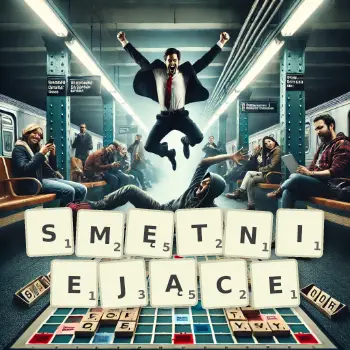 Kreatywna ilustracja do gry w Scrabble ze słowem SMĘTNIEJĄCE ułożonym z płytek na planszy.