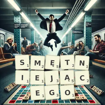 Kreatywna ilustracja do gry w Scrabble ze słowem SMĘTNIEJĄCEGO ułożonym z płytek na planszy.