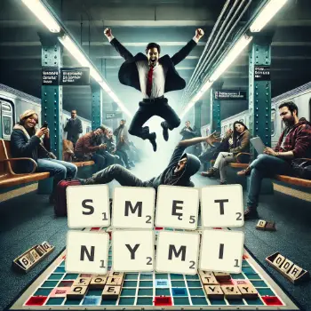 Kreatywna ilustracja do gry w Scrabble ze słowem SMĘTNYMI ułożonym z płytek na planszy.