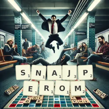 Kreatywna ilustracja do gry w Scrabble ze słowem SNAJPEROM ułożonym z płytek na planszy.