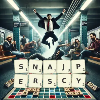 Kreatywna ilustracja do gry w Scrabble ze słowem SNAJPERSCY ułożonym z płytek na planszy.