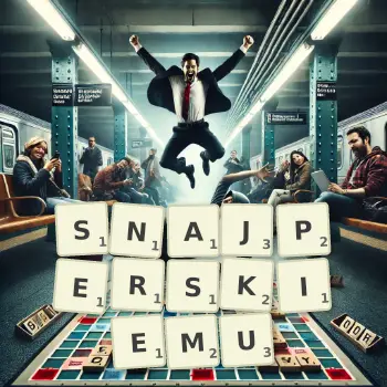 Kreatywna ilustracja do gry w Scrabble ze słowem SNAJPERSKIEMU ułożonym z płytek na planszy.