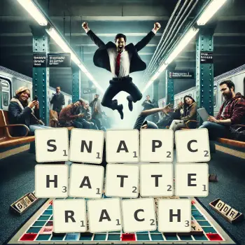 Kreatywna ilustracja do gry w Scrabble ze słowem SNAPCHATTERACH ułożonym z płytek na planszy.