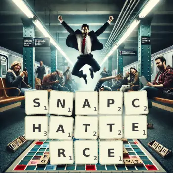 Kreatywna ilustracja do gry w Scrabble ze słowem SNAPCHATTERCE ułożonym z płytek na planszy.
