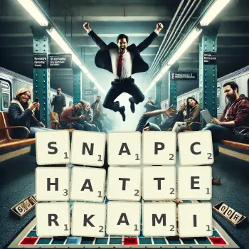 Kreatywna ilustracja do gry w Scrabble ze słowem SNAPCHATTERKAMI ułożonym z płytek na planszy.