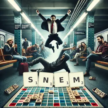 Kreatywna ilustracja do gry w Scrabble ze słowem SNEM ułożonym z płytek na planszy.