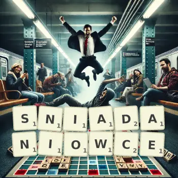 Kreatywna ilustracja do gry w Scrabble ze słowem SNIADANIOWCE ułożonym z płytek na planszy.