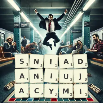 Kreatywna ilustracja do gry w Scrabble ze słowem SNIADANIUJACYMI ułożonym z płytek na planszy.