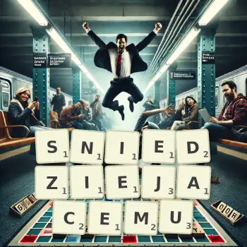Kreatywna ilustracja do gry w Scrabble ze słowem SNIEDZIEJACEMU ułożonym z płytek na planszy.