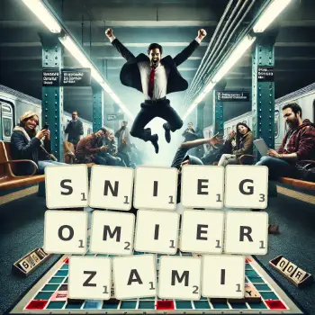 Kreatywna ilustracja do gry w Scrabble ze słowem SNIEGOMIERZAMI ułożonym z płytek na planszy.