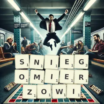 Kreatywna ilustracja do gry w Scrabble ze słowem SNIEGOMIERZOWI ułożonym z płytek na planszy.