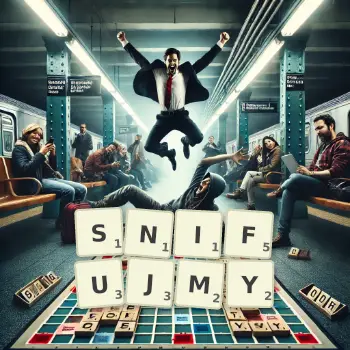 Kreatywna ilustracja do gry w Scrabble ze słowem SNIFUJMY ułożonym z płytek na planszy.