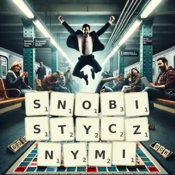 Kreatywna ilustracja do gry w Scrabble ze słowem SNOBISTYCZNYMI ułożonym z płytek na planszy.