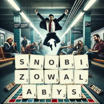 Kreatywna ilustracja do gry w Scrabble ze słowem SNOBIZOWALABYS ułożonym z płytek na planszy.