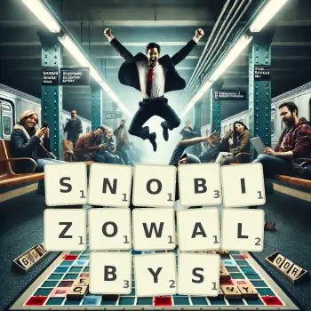 Kreatywna ilustracja do gry w Scrabble ze słowem SNOBIZOWALBYS ułożonym z płytek na planszy.