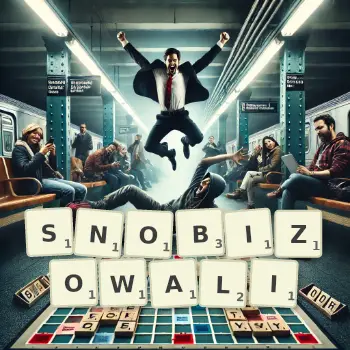 Kreatywna ilustracja do gry w Scrabble ze słowem SNOBIZOWALI ułożonym z płytek na planszy.