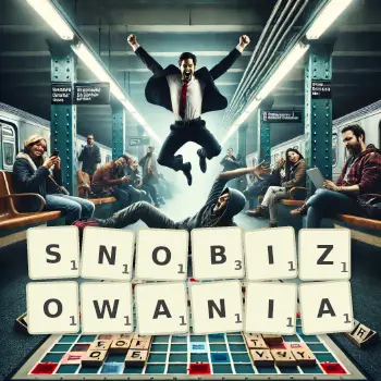 Kreatywna ilustracja do gry w Scrabble ze słowem SNOBIZOWANIA ułożonym z płytek na planszy.
