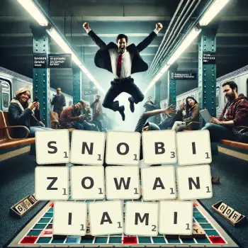 Kreatywna ilustracja do gry w Scrabble ze słowem SNOBIZOWANIAMI ułożonym z płytek na planszy.