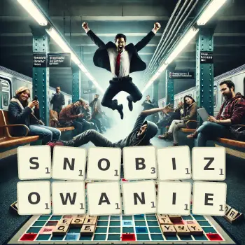 Kreatywna ilustracja do gry w Scrabble ze słowem SNOBIZOWANIE ułożonym z płytek na planszy.