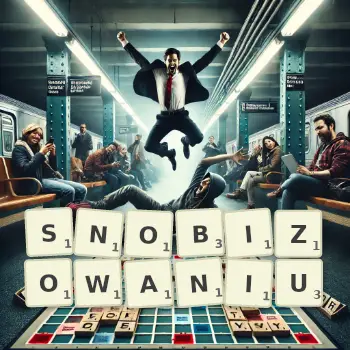 Kreatywna ilustracja do gry w Scrabble ze słowem SNOBIZOWANIU ułożonym z płytek na planszy.