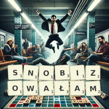 Kreatywna ilustracja do gry w Scrabble ze słowem SNOBIZOWAŁAM ułożonym z płytek na planszy.
