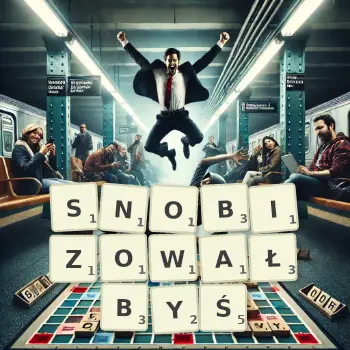 Kreatywna ilustracja do gry w Scrabble ze słowem SNOBIZOWAŁBYŚ ułożonym z płytek na planszy.