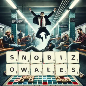Kreatywna ilustracja do gry w Scrabble ze słowem SNOBIZOWAŁEŚ ułożonym z płytek na planszy.