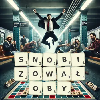 Kreatywna ilustracja do gry w Scrabble ze słowem SNOBIZOWAŁOBY ułożonym z płytek na planszy.