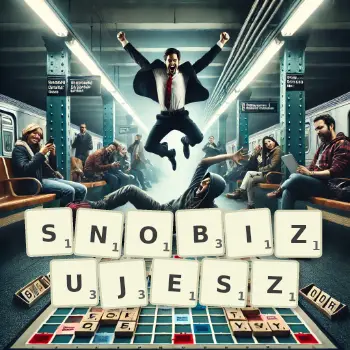 Kreatywna ilustracja do gry w Scrabble ze słowem SNOBIZUJESZ ułożonym z płytek na planszy.