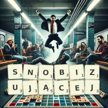 Kreatywna ilustracja do gry w Scrabble ze słowem SNOBIZUJĄCEJ ułożonym z płytek na planszy.