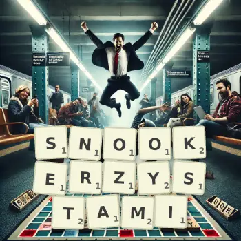 Kreatywna ilustracja do gry w Scrabble ze słowem SNOOKERZYSTAMI ułożonym z płytek na planszy.