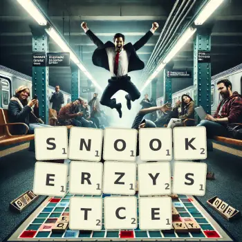 Kreatywna ilustracja do gry w Scrabble ze słowem SNOOKERZYSTCE ułożonym z płytek na planszy.