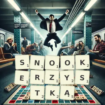 Kreatywna ilustracja do gry w Scrabble ze słowem SNOOKERZYSTKĄ ułożonym z płytek na planszy.