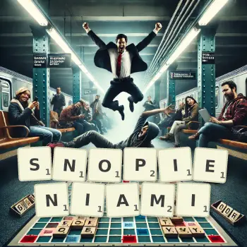 Kreatywna ilustracja do gry w Scrabble ze słowem SNOPIENIAMI ułożonym z płytek na planszy.