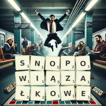Kreatywna ilustracja do gry w Scrabble ze słowem SNOPOWIĄZAŁKOWE ułożonym z płytek na planszy.