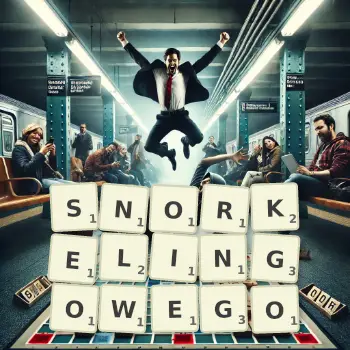 Kreatywna ilustracja do gry w Scrabble ze słowem SNORKELINGOWEGO ułożonym z płytek na planszy.