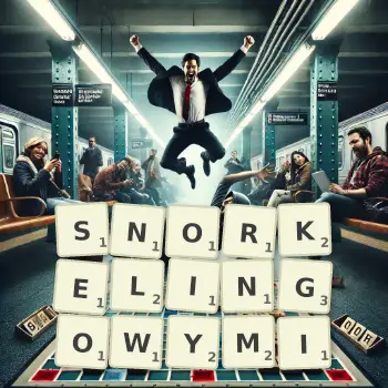 Kreatywna ilustracja do gry w Scrabble ze słowem SNORKELINGOWYMI ułożonym z płytek na planszy.