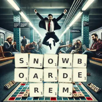 Kreatywna ilustracja do gry w Scrabble ze słowem SNOWBOARDEREM ułożonym z płytek na planszy.