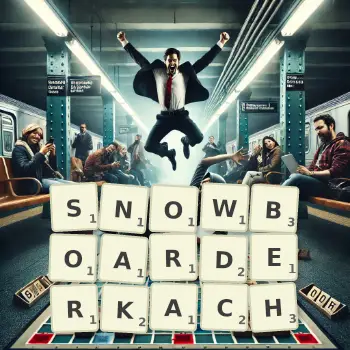 Kreatywna ilustracja do gry w Scrabble ze słowem SNOWBOARDERKACH ułożonym z płytek na planszy.