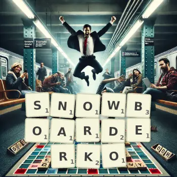 Kreatywna ilustracja do gry w Scrabble ze słowem SNOWBOARDERKO ułożonym z płytek na planszy.