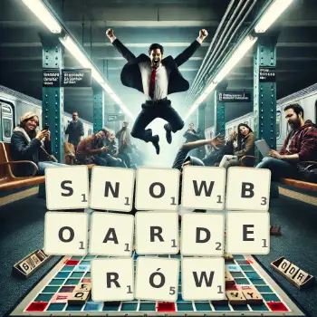 Kreatywna ilustracja do gry w Scrabble ze słowem SNOWBOARDERÓW ułożonym z płytek na planszy.