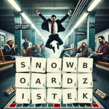 Kreatywna ilustracja do gry w Scrabble ze słowem SNOWBOARDZISTEK ułożonym z płytek na planszy.