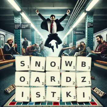 Kreatywna ilustracja do gry w Scrabble ze słowem SNOWBOARDZISTKI ułożonym z płytek na planszy.